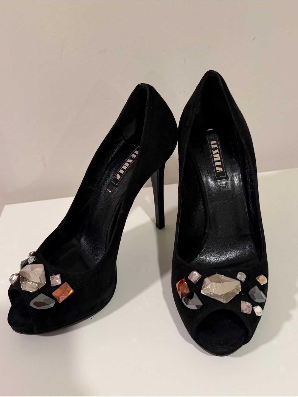 Le Silla Black Suede Crystal Embellished Peep Toe Stiletto Heels EU 36 - Picture 4 of 8